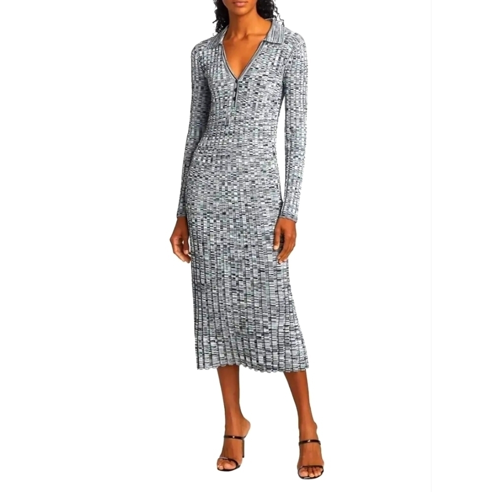 Elie Tahari Polo Midi Sweater Dress Sky White Noir Space Dye Rib Knit XL